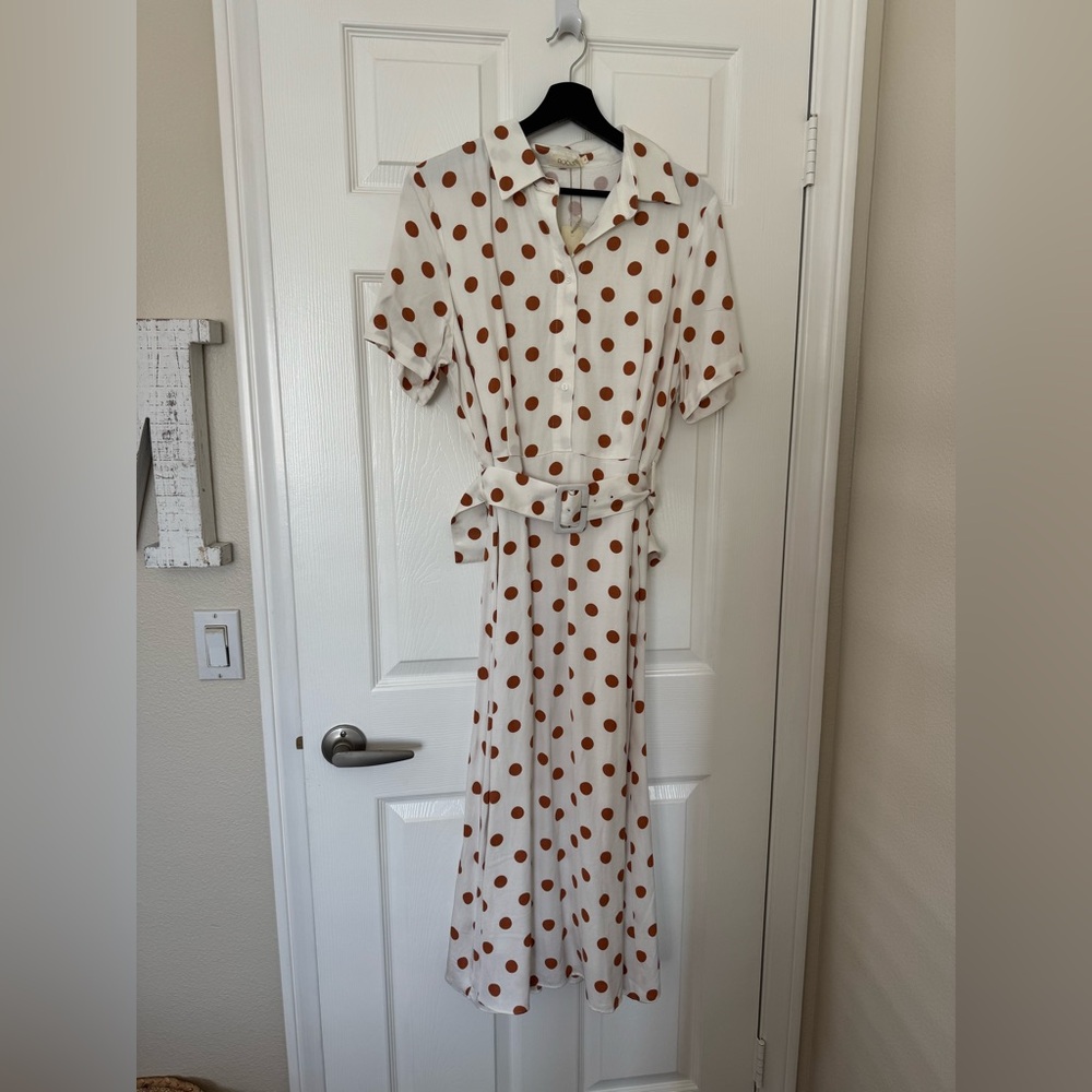 Roolee White Midi Shirt Dress with Notched Collar and Cuffed Sleeves